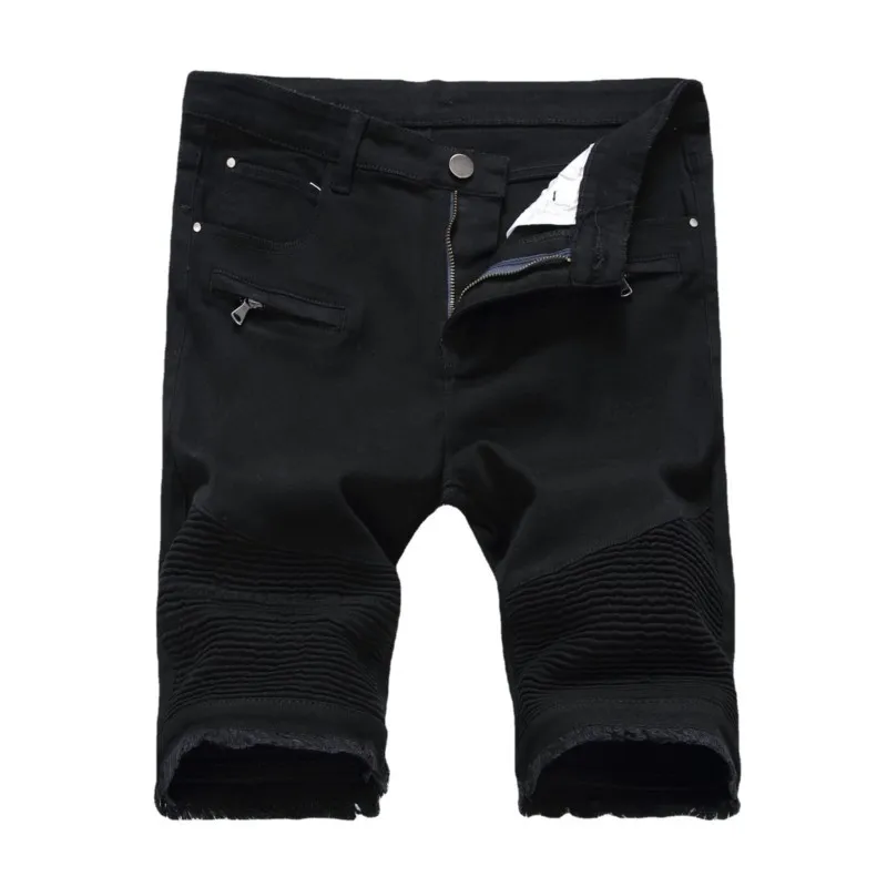 Mens Denim Shorts Zipper Elastic Pleated Slim Ripped Short Jeans