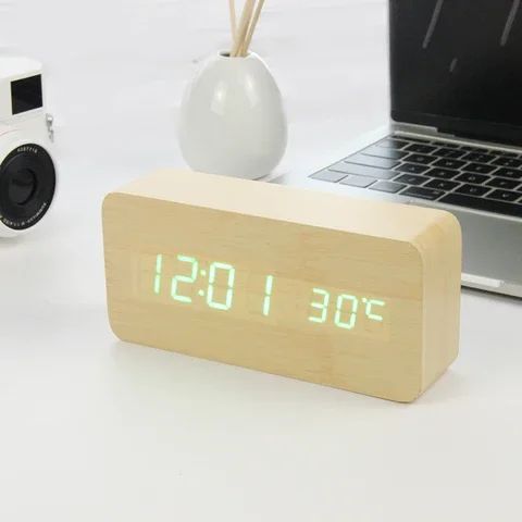 

2021 Hot LED Alarm Clock Watch Table Voice Control Wooden Digital Despertador Electronic Desktop USB/AAA Powered Decor Cute