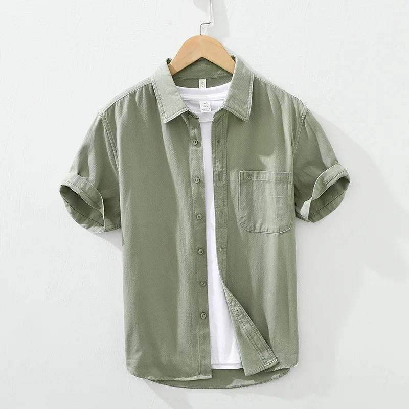 Yellow Short Sleeve Shirt for Men Cotton Button Up Shirts Summer Patch Pockets Embroidery Casual Tops Male Solid Clothing
