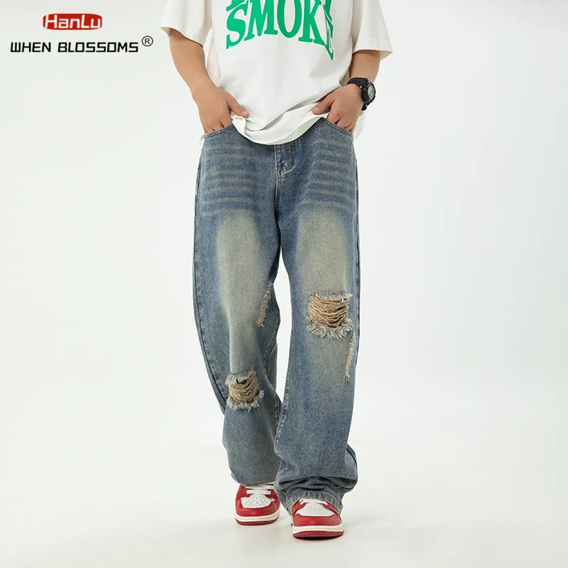 2024 Spring/Summer New Men's Vintage Washed Worn Out Jeans Men's Loose Japanese Straight Leg Micro Wide Trendy Brand Denim Pants