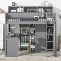 Bunk Beds Twin Loft Bed, Desk & Wardrobe, Solid Wood Loft Bed with Desk and Multiple Shelves, High Loft Bed Frame with Bookcase 2