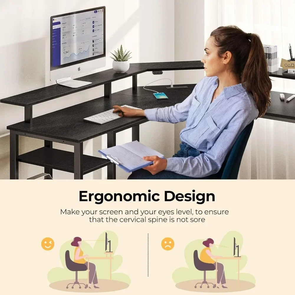 New2025-L Shaped Gaming Desk with LED Lights & Power Outlets, 46.2" Computer Desk with Full Monitor Stand & Storage Shelf, Corne