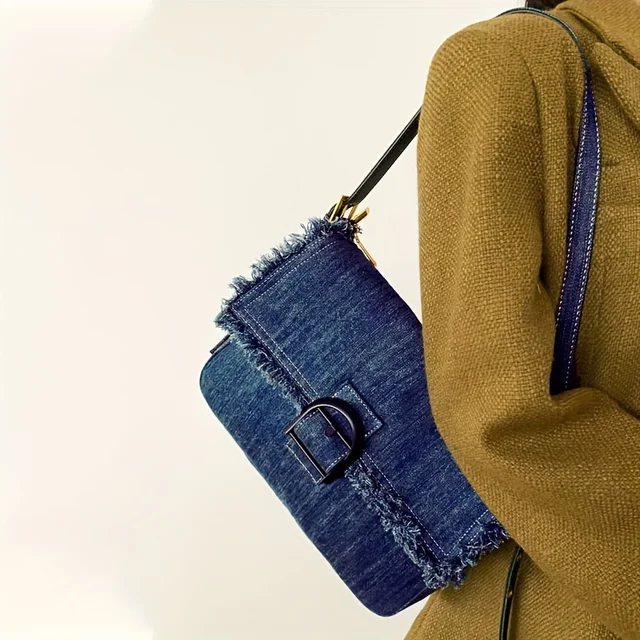 Vintage Denim Shoulder Bag With Retro Flap, Women's Underarm Bag, Fashionable Handbag With Adjustable Strap 2