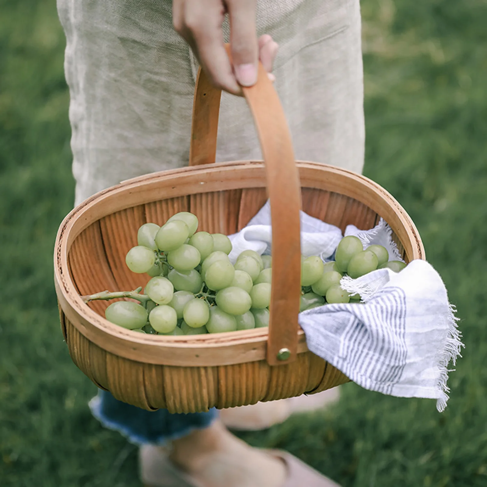 Wood Chip Picnic Basket with Handle Easter Basket Farmhouse Decor Vegetable Snack Basket for Foods or Small Sundries 4