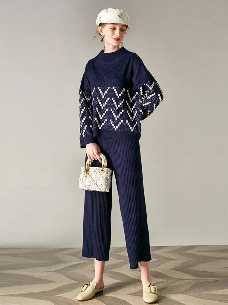 

2023 New Korean Sweater Set Women's Autumn Winter Knitted Geometric Sweater Pullover Loose Wide Leg Pants Office Women's Set