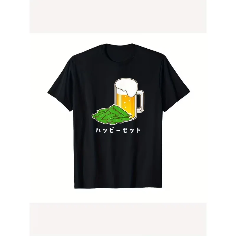 Lustiges „Happy Set“-T-Shirt mit Bier- und Edamame-Grafik, Unisex, japanisches Izakaya-Thema, lässiges Kurzarm-T-Shirt für den täglichen Sommergebrauch