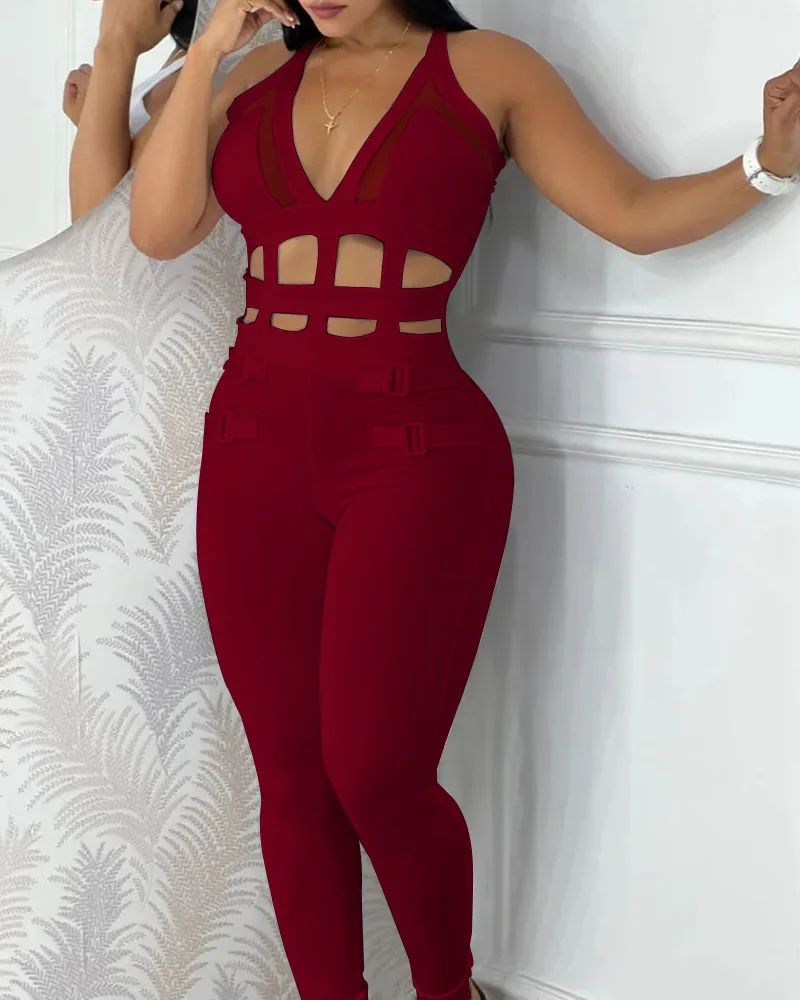 

2023 women's new slim jumpsuit, sexy waist hollow suspenders hanging neck tight jumpsuit women's multi-color optional