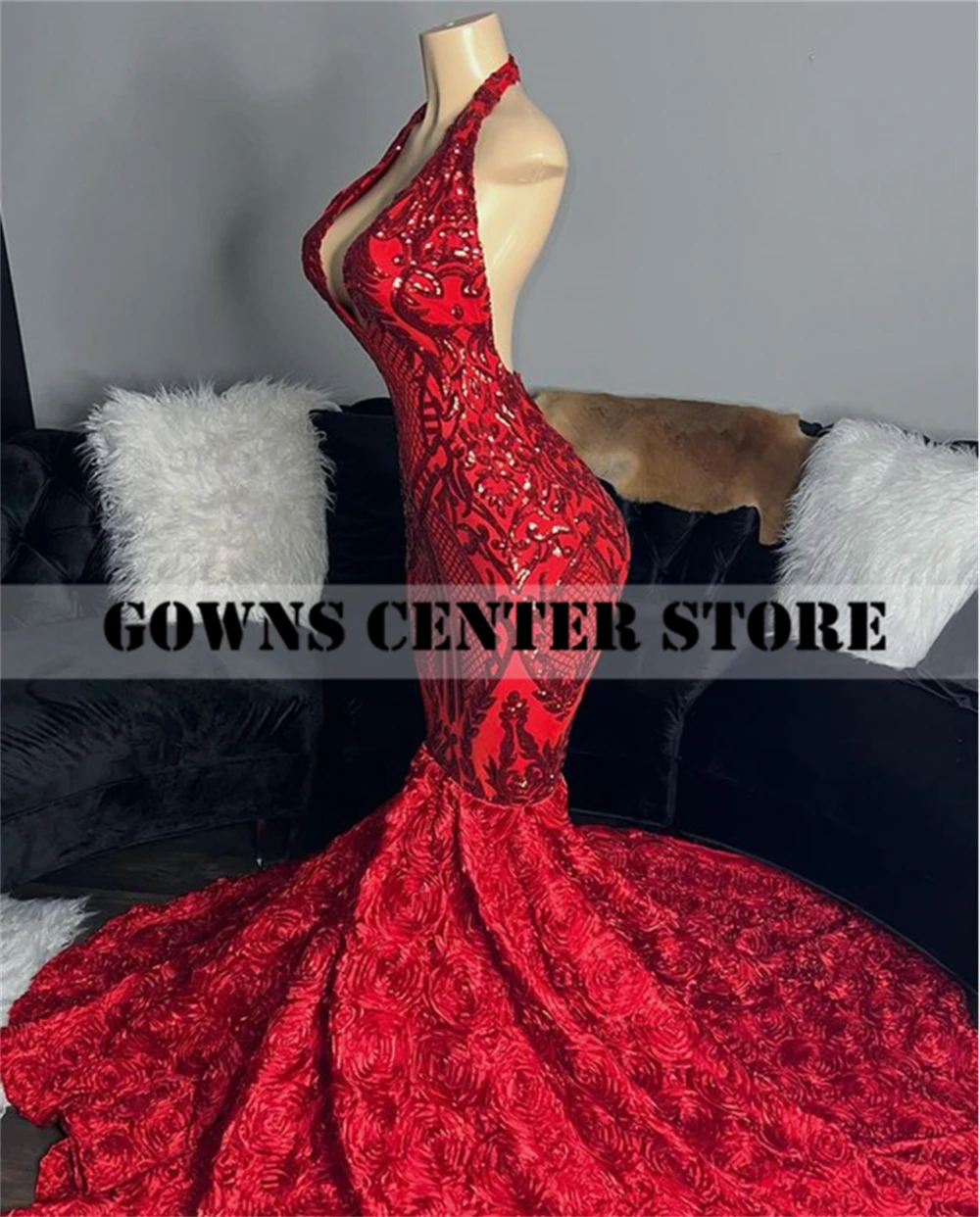 Royal Blue Sequined Prom Dresses For Black Girl Halter Evening Gown African Formal Gown Wedding Party Dress women prom dresses