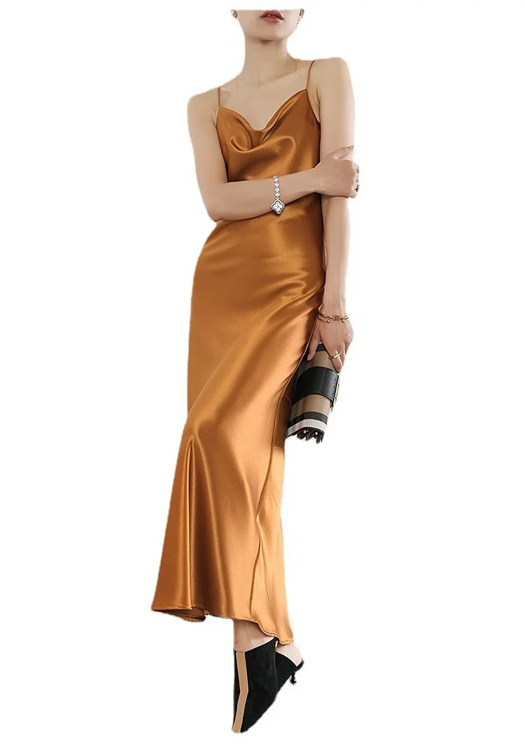 

2023 Summer Silk Women's Luxurious Long Dress with Strap Elegant Sexy Dress