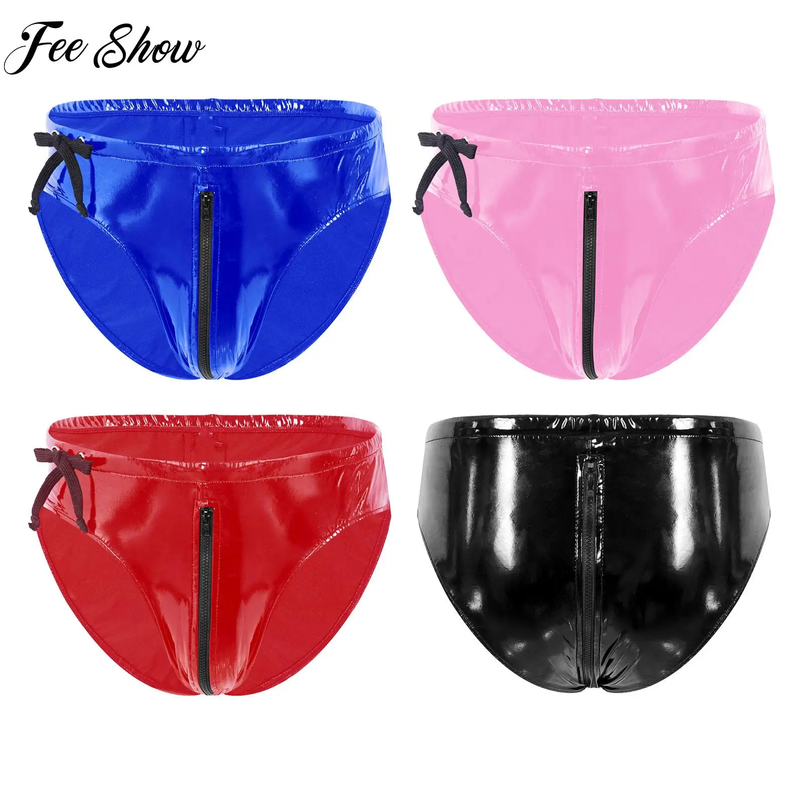 

Men Glossy Patent Leather Panties Underwear Low Waist Bikini Briefs Underpants Swimwear Zipper Crotch Briefs Pole Dance Clubwear