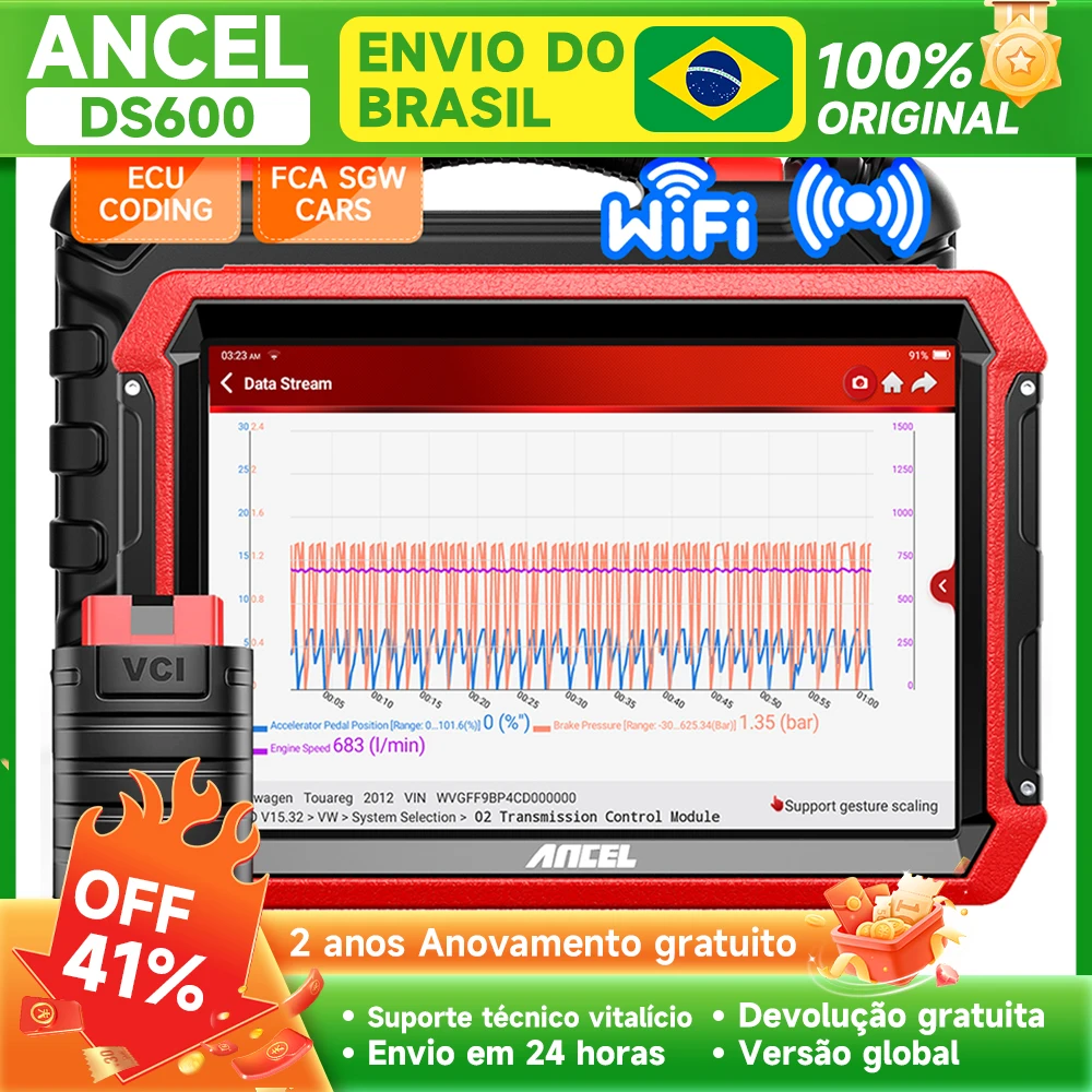 Ancel ds600 scanner automotivo bidirecional, todos os sistemas, ferramentas de diagnóstico com fca autoauth sgw 34, redefinição de codificação ecu, scanner obd2