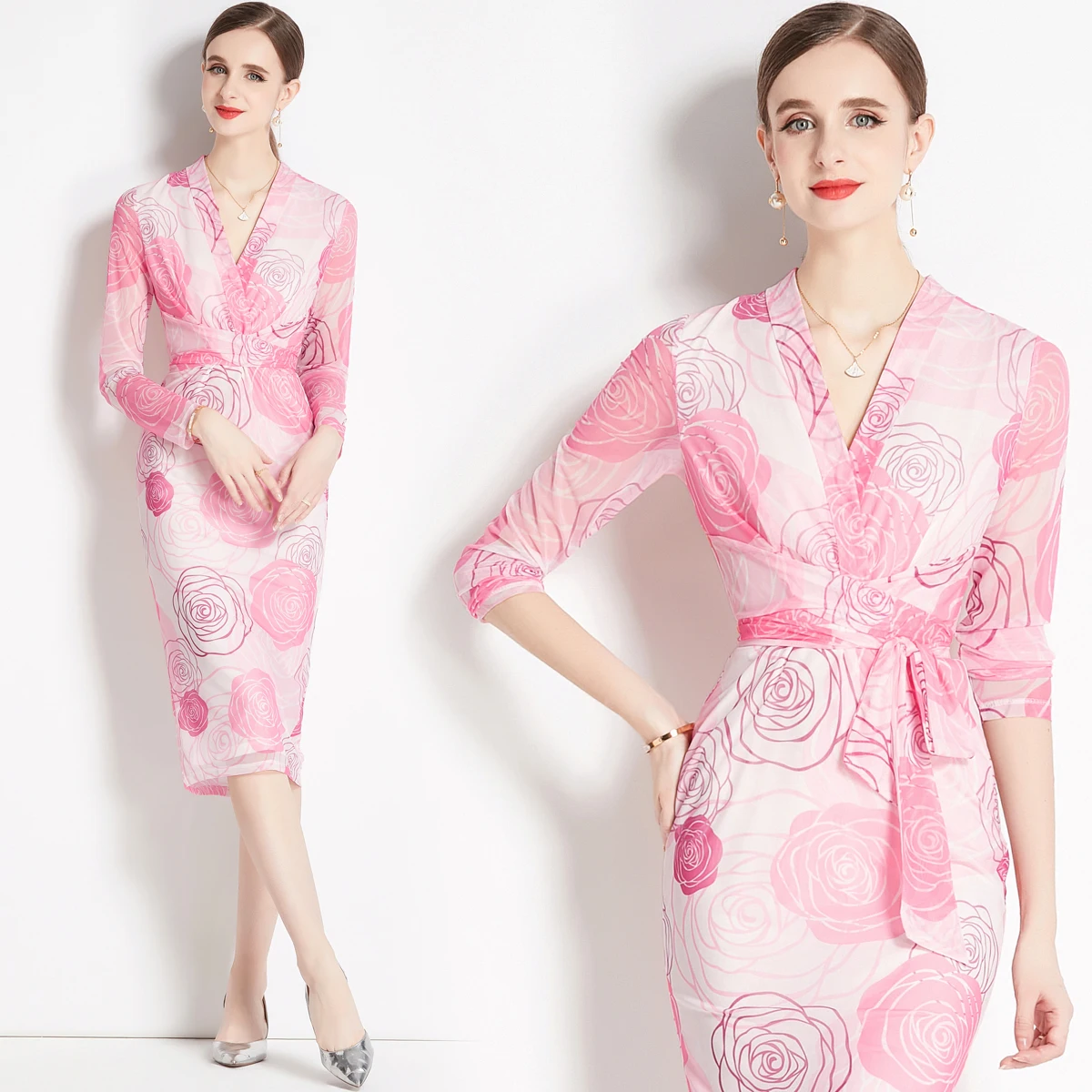 

Mesh Long Sleeve Dress New Print Tea Break Dress Waist Wrapped V-Neck Wrapped Hip Dress HL809075