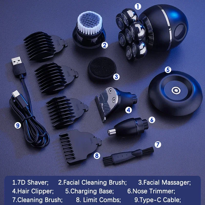 Electric Shaver 7D Floating Cutter Head Base Charging Portable Men Beard Trimmer Clipper Rechargeable Bald Head Electric Razor 6