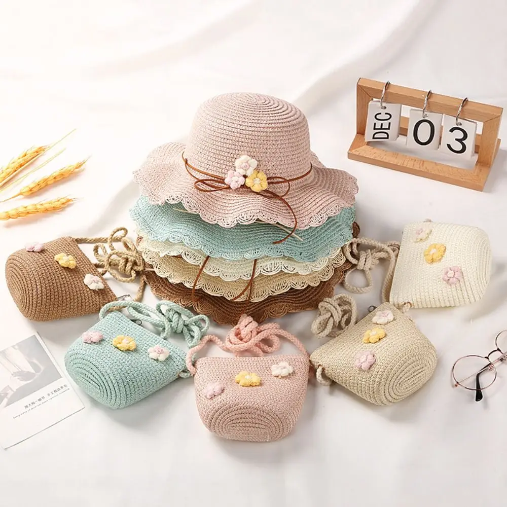 

Cute Flower Straw Hat Bag Set Gift Panama Hats Breathable Kids Sun Hat Straw Shoulder Bags