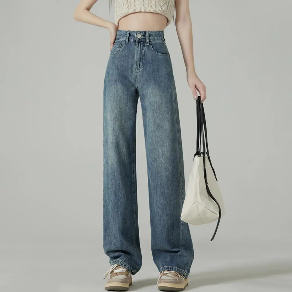 

Women Jeans High Waist Button Zipper Closure Retro Straight Wide Leg Gradient Color Loose Pockets Full Length Streetwear Long Pa