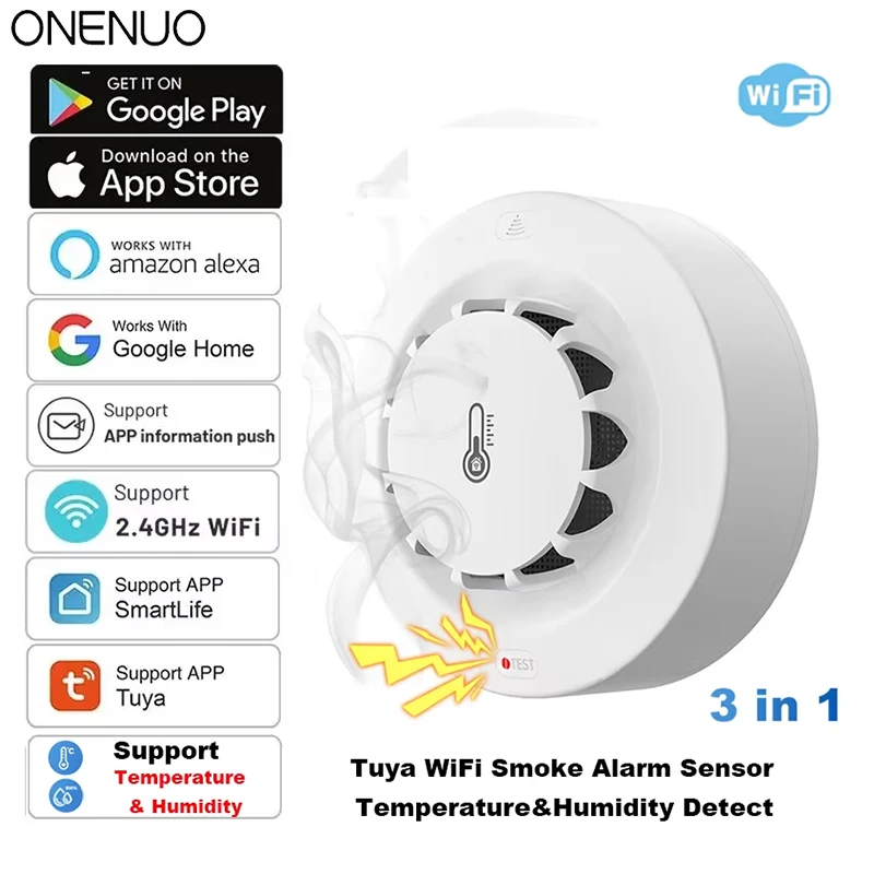 Smoke Alarm Tuya WiFi Smoke Alarm Temperature and Humidity Sensor Smoke Detector Fire Protection Alarm Smokehouse Combination Firefighters