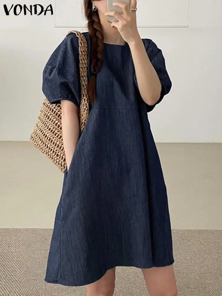 

Elegant Party Vestidos VONDA Vintage Denim Dress Summer Short Puff Sleeve Women Sundress 2023 Casual Solid Color Mini Robe Femme