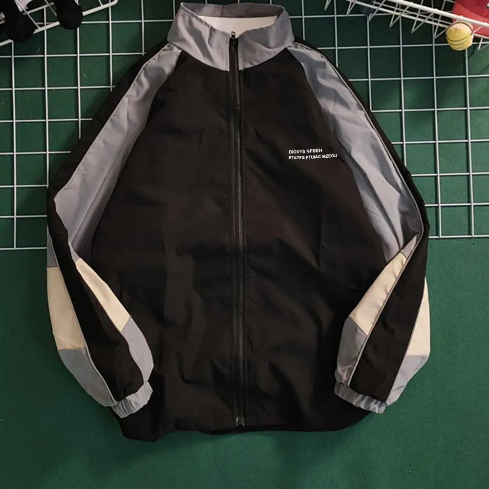 

Zipper Closure Coat Vintage Color Block Men's Jacket with Zipper Closure Stand Collar for Spring Fall Windproof Streetwear