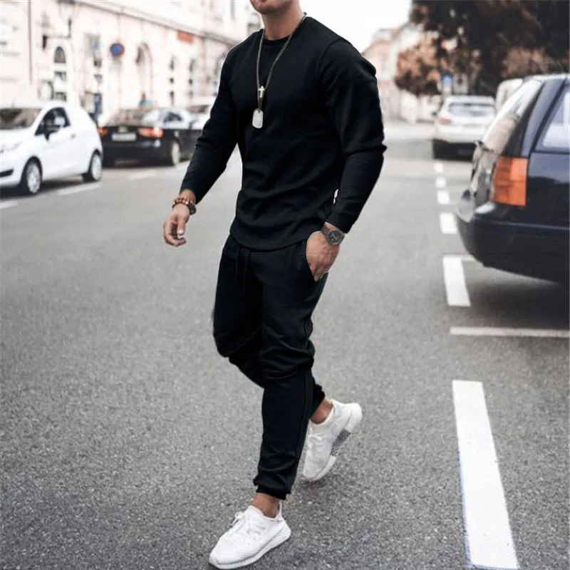 Sportswear Sumer Men's Set Solid Color Tracksuit Sports Suits Male Sweatsuit Long Sleeves T shirt +Pants Printing 2 pc sets