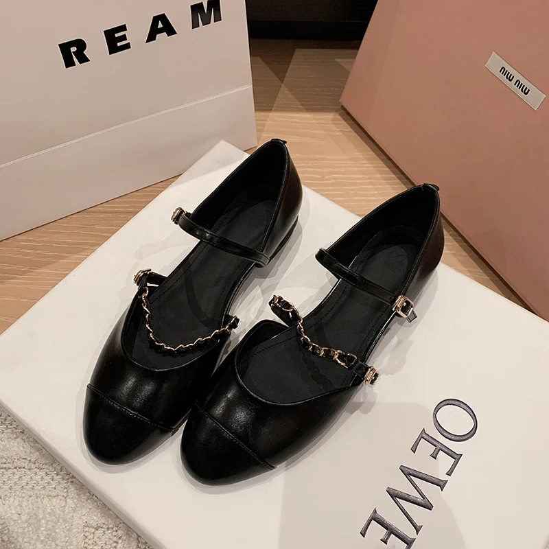 New Brand Design Metal Belt Buckle Single Shoes Round Head Splicing French Hollow Sandals Casual Flat Shoes Women's Sneakers