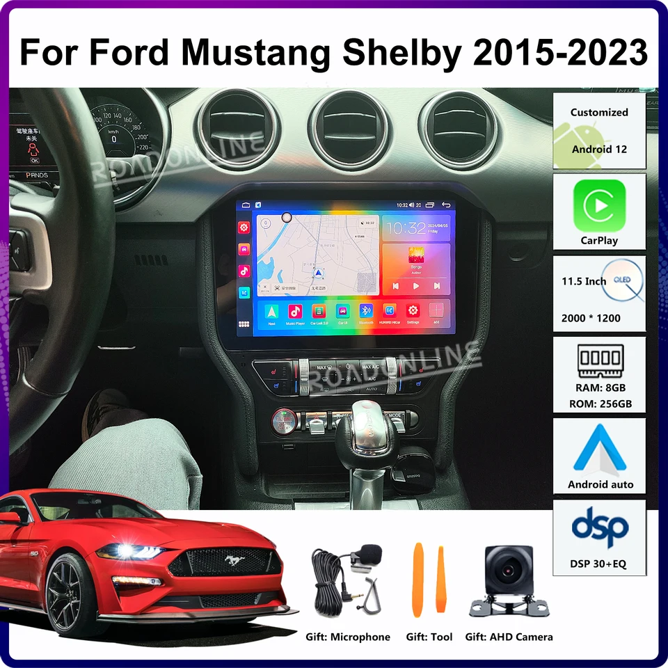 Autoradio Android 15 2 Din 9" – Pour Ford Mustang VI S550 2014-2021 – GPS, CarPlay, Android Auto, Bluetooth, WiFi, 4G, 4+64G – Avec Caméra De Recuil Et Commandes Au Volant