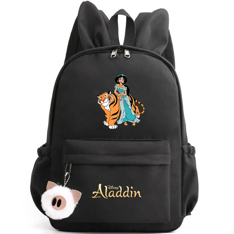 Aladdin Jasmine princess-themed backpack with rabbit ears for kids and teens, ideal for school and travel. tiger