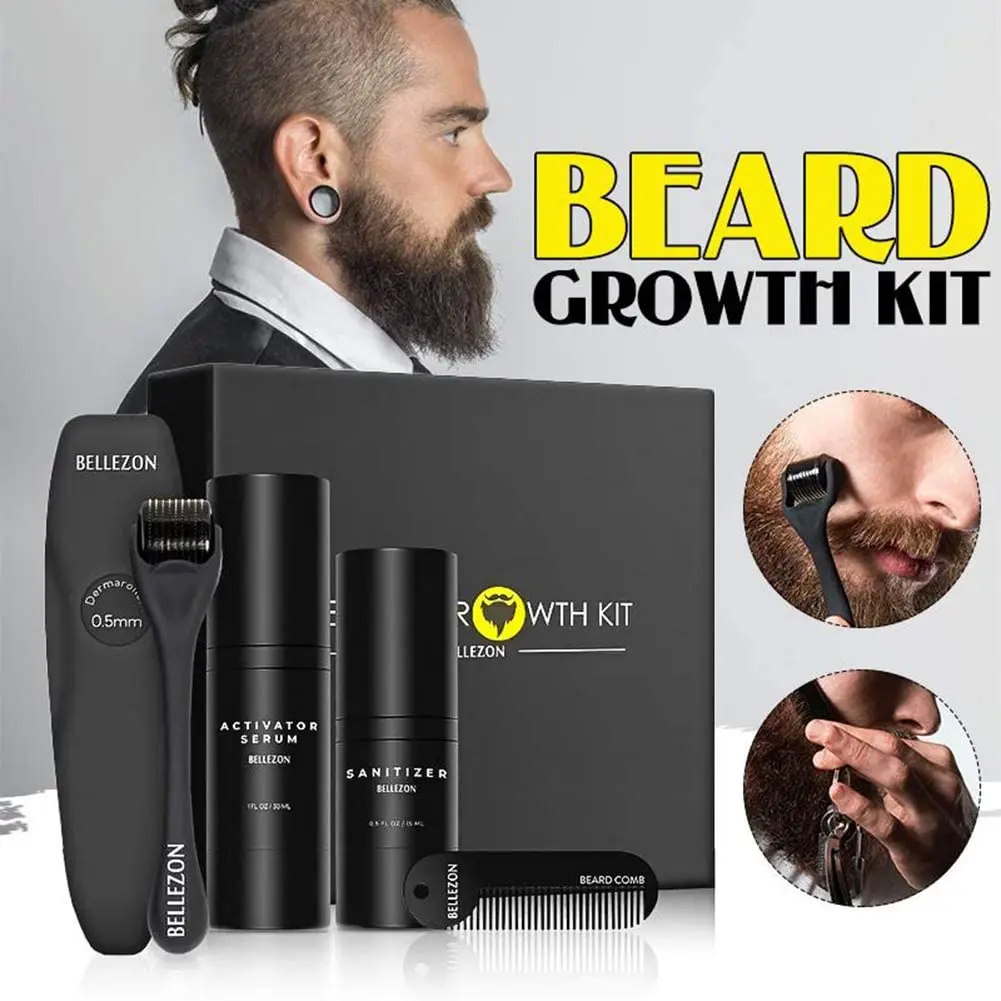 

4pcs/set Beard Growth Kit For Men Hair Enhancer Thicker Mustache Grooming Beard Oil Moisturizer Wax Balm With Comb