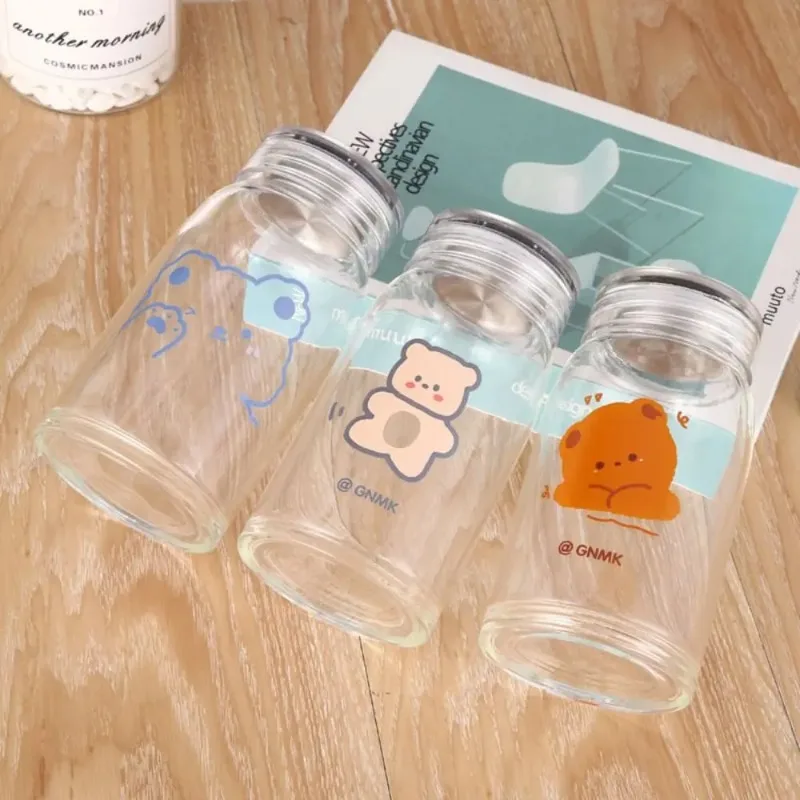 450ml Cute Cartoon Bear Glass Water Bottle Thick Heat Resistance Drinking Bottles Milk Coffee Tumblers for Women Student
