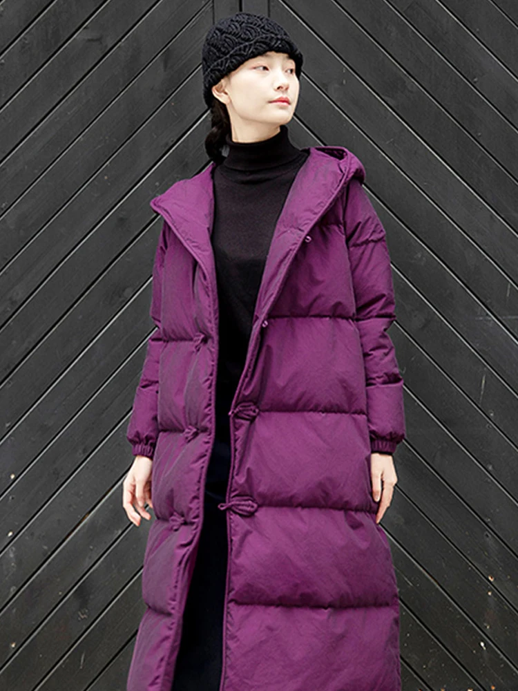 Chinese Style Winter Purplish Red White Goose Down Down Jacket Women's Hooded Mid-Length Overknee Thickened