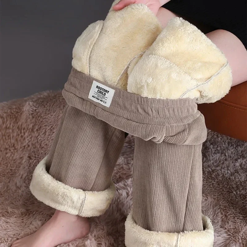 

Lined Wide Leg Pants Casual Thicken Warm Baggy Sweatpants Women High Waist Korean Lamb Fluff Straight Pantalones