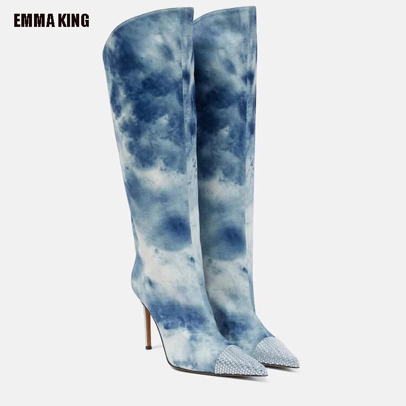 

2023 Women Pointed toe High Heel Boots Diamond Studded Stiletto Knee High Boots Ladies Spring Blue/black Cowboy Boots 43