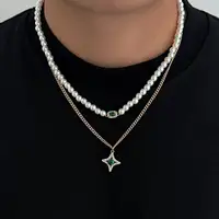 KunJoe 2Pcs/Set Retro Imitation Pearl Choker Necklace for Men Hip Hop Green Rhinestone Star Pendant Necklace Fashion Jewelry New - Image 2