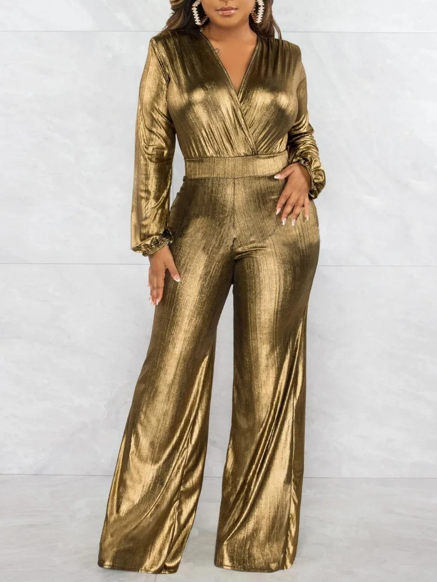 

LW V Neck Gold Jumpsuits Sexy Plain Ruched One Piece Long Sleeve Wide Leg Long Pants Full Length Jumpsuits Lady Party Clubewears