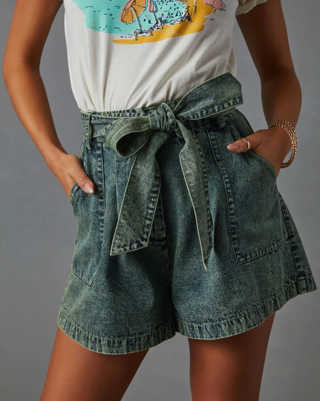 Women's Elastic High Waist Straight Buckle Drawstring Jeans Shorts Women's Summer Personalized Street Loose Lace Wide Leg Shorts