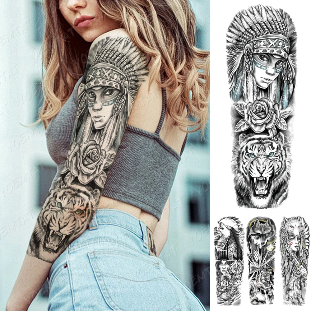 

Large Full Arm Sleeve Waterproof Temporary Tattoo Sticker Rose Tiger Maori Tribe Totem Body Art Fake Tatoo For Indian Women Men