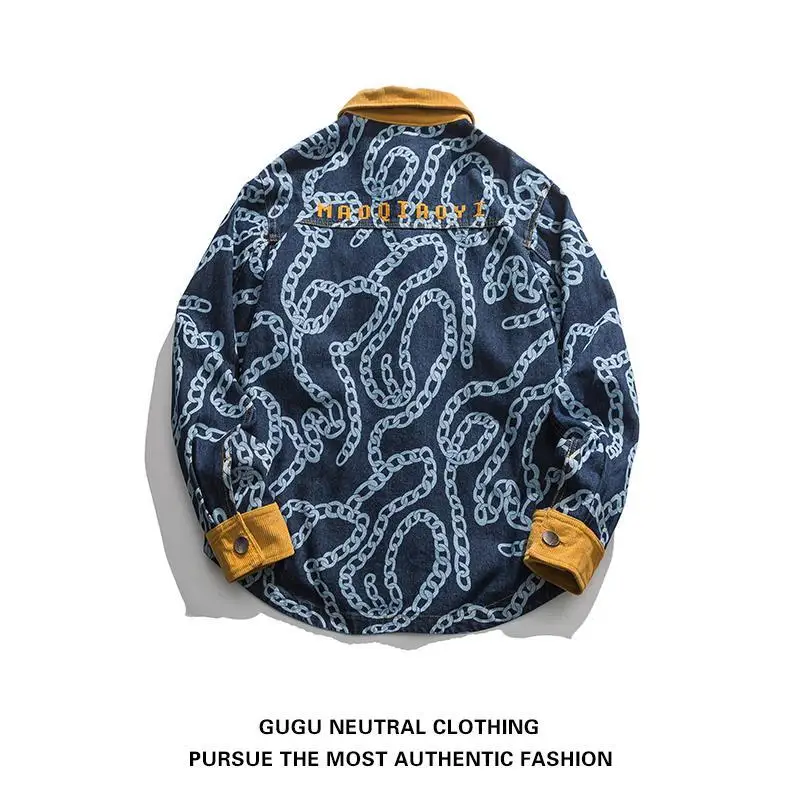 American Casual Fashion Brand Denim Shirt Men Printing Color Contrast Hip Hop Jacket Street Couple Trend Shirt Workwear Men