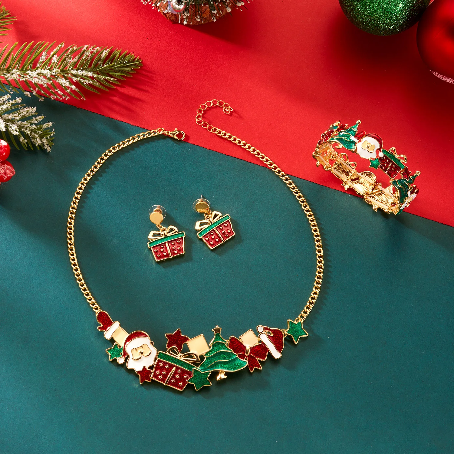 Emaille Weihnachtsmann-Baum Schmuckset Charm-Armband Ohrringe Anhänger Halskette für Frauen Feiertagsgeschenk Beste Freunde