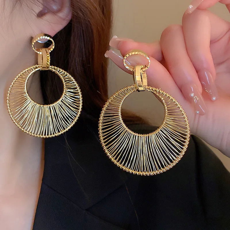 

New Gold Plated Metal Oversize Exaggerated Earrings Long Drops for Women hollow circle Trendy Chunky Distort Jewelry