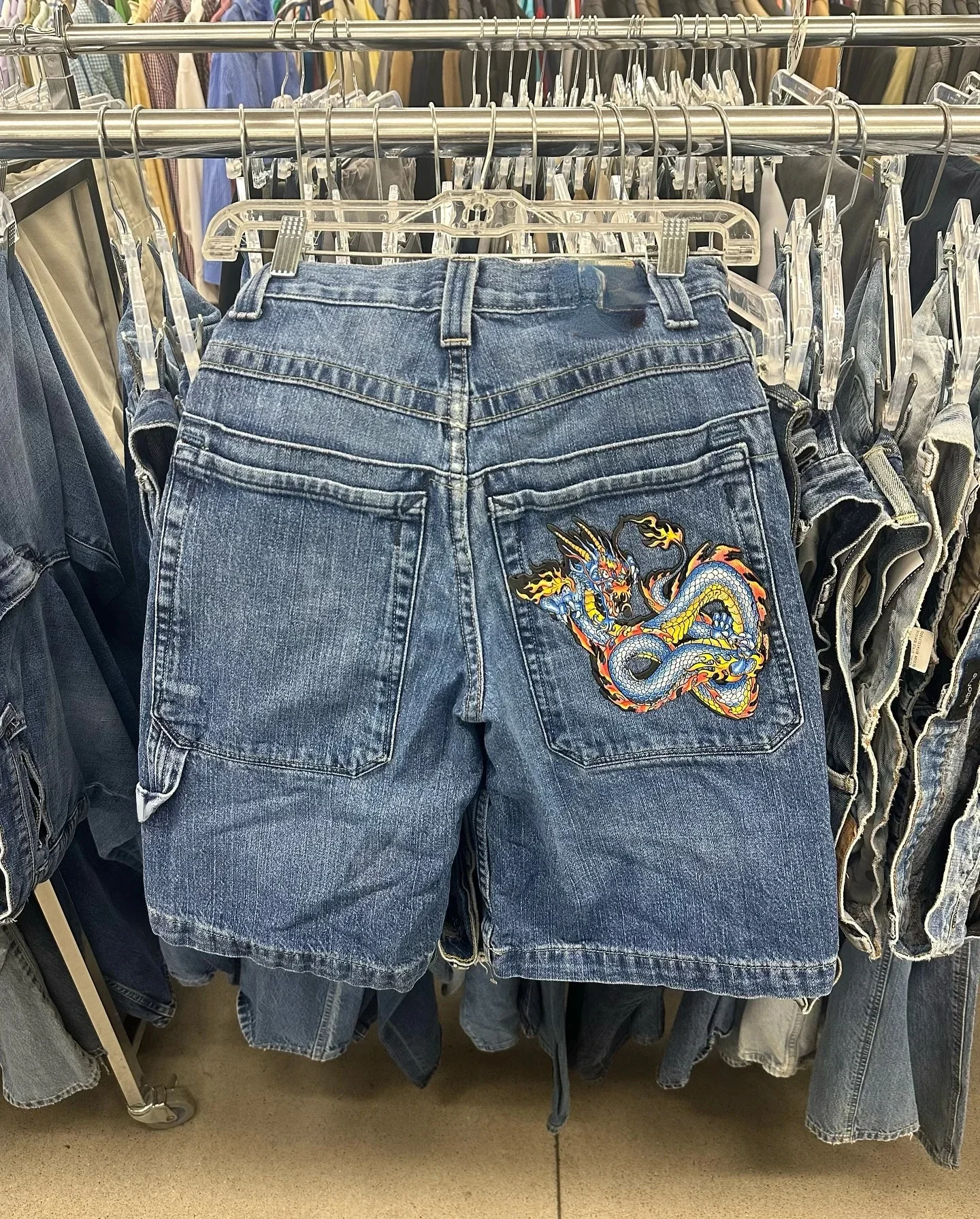 Hip Hop Denim Shorts Summer 2000s Style Chinese Loong Baggy Jeans Gothic Jorts Y2k Retro Blue Men Wide Leg Cargo Gym Shorts 2