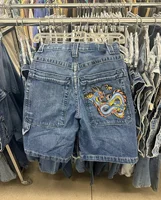 Hip Hop Denim Shorts Summer 2000s Style Chinese Loong Baggy Jeans Gothic Jorts Y2k Retro Blue Men Wide Leg Cargo Gym Shorts 2