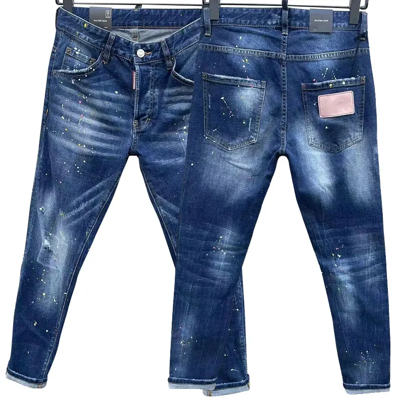 

Men's Jeans Punk Rock Speckle Patch Perforated Hot Diamond Elastic Feet Blue Slim Fit fashionable rock pants dsqc011