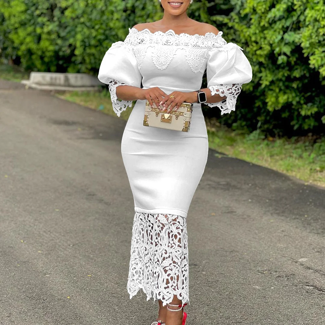 

Women's Dresses Spring Summer New Round-neck Large Women's New Fashion Style Lace Splice One Line Neck Female Maxi Dress