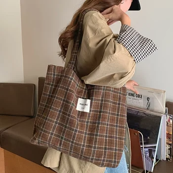 Home Autumn and winter checkered tote bag, ins laid-back single-shoulder bag, large-capacity handbag, for daily commuting 1