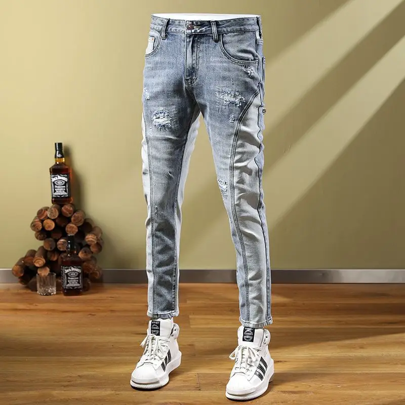 Men\'s Jeans Social Fashion Men\'s Autumn Patch Splice Used Motorcycle Vintage Pants skinny Ripped jeans jeans men