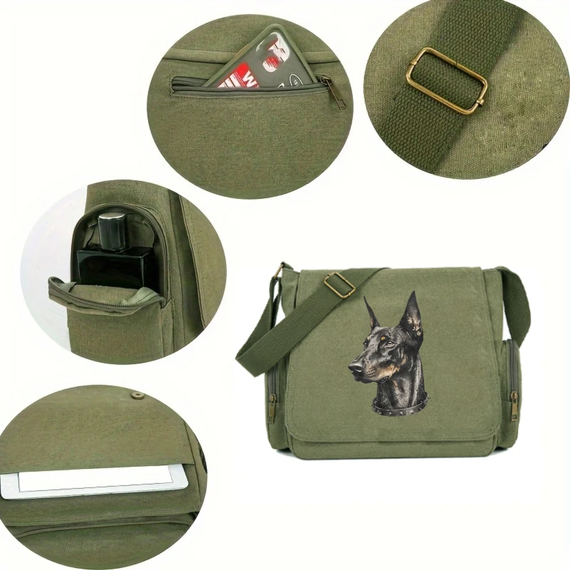 Doberman Print Shoulder Bag Men's Multifunction Canvas Bag Army Green Messenger Bag Casual Commuting Bag Travel