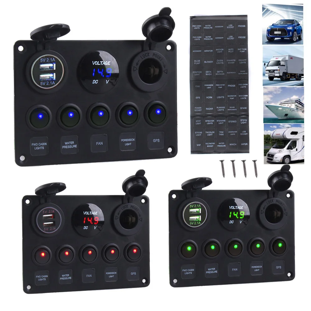 

For Car Marine Boat LED Toggle Rocker Switch Panel With Digital Voltmeter Dual USB Port 12V Outlet Combination Waterproof