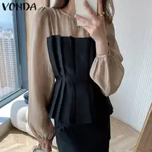 

VONDA Fashion Femininas Retro Chemise Tops Casual Crew Neck Pleated Vintage Blusas Spring Long Sleeve Patchwork A-Line Blouses