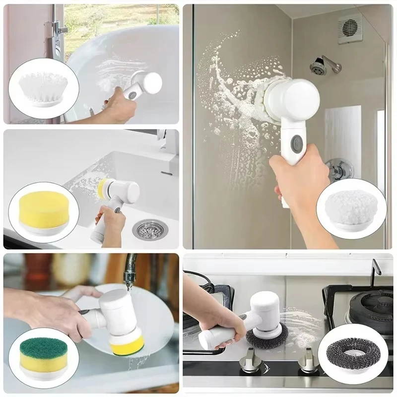 Cleaning Brush Electric Spin Bathroom with 5 Brush Heads 5 in 1 Kitchen Dishwashing Gadgets