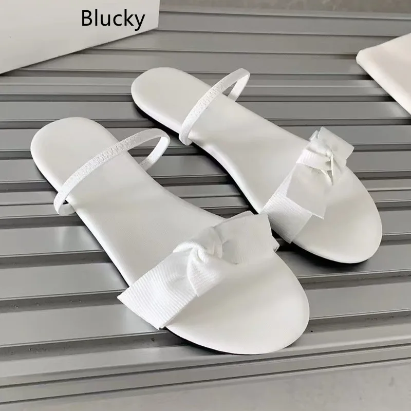 

Spring Women's Genuine Leather Solid Color Round Head Lazy Mule Children's Outdoor Bow Decoration Leisure Vacation Flat Shoes