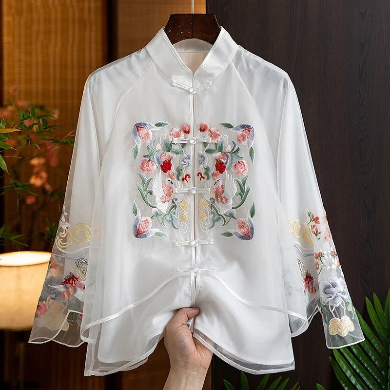 

Fashion Chinese Style Embroidery White Shirt Women Traditional Vintage Slim Tang Suit Blouses Spring Elegant Green Cheongsam Top